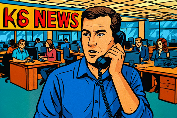 MetaMoon Media newsroom - man in blue shirt on phone in K6 NEWS office setting