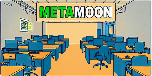 MetaMoon Media newsroom office with branded workspace