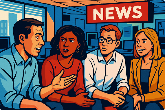 Diverse news team in media setting with NEWS sign