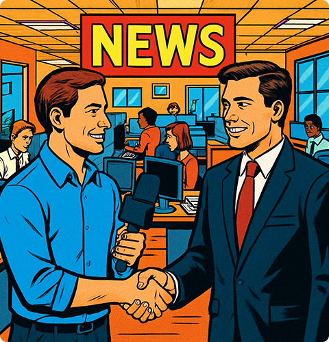 Two businessmen shaking hands in newsroom setting representing partnership opportunities