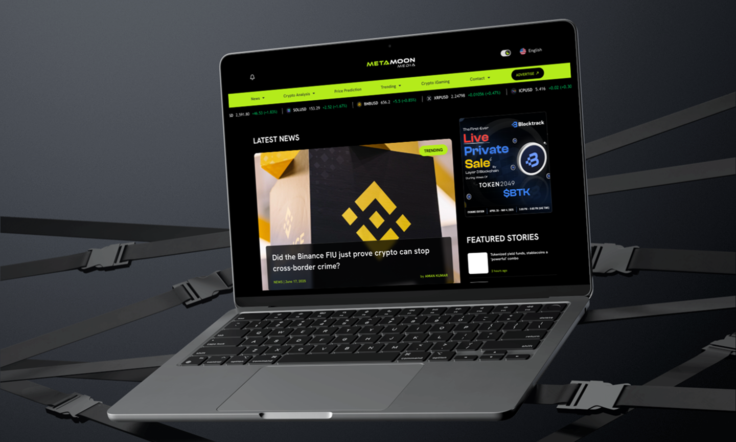 Results background with laptop showing MetaMoon Media website