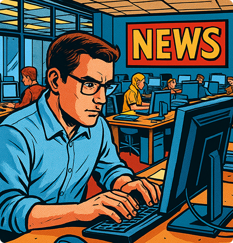 Journalist working on laptop in newsroom with NEWS sign